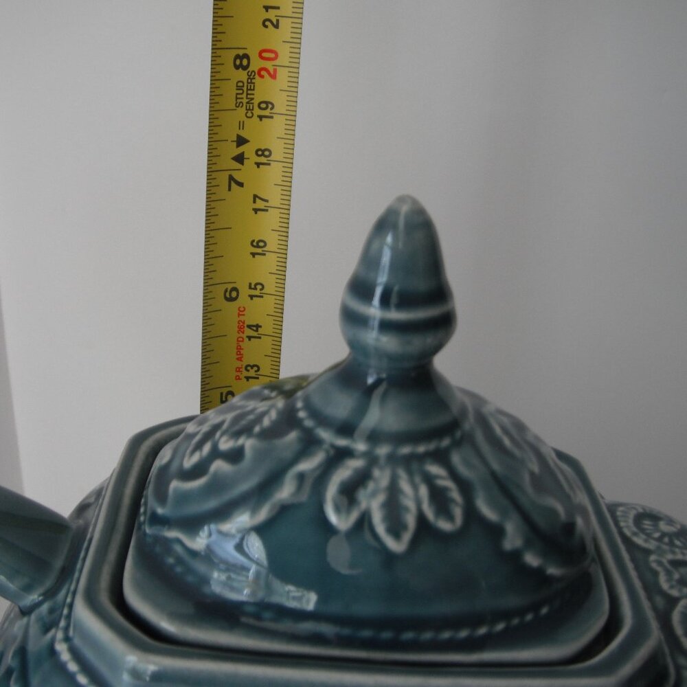 Abbott Collections Elephant Tea Pot Ceramic Trunks Up Green/Blue 7in - Picture 7 of 11